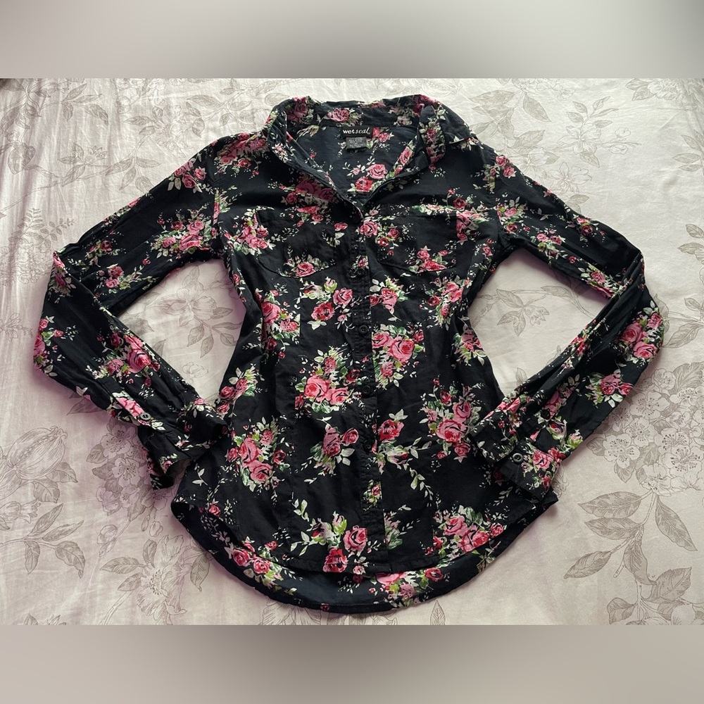 Y2K Black Pink Floral Cotton Button Down Shirt XS Sheer Whimsigoth Dark Romantic